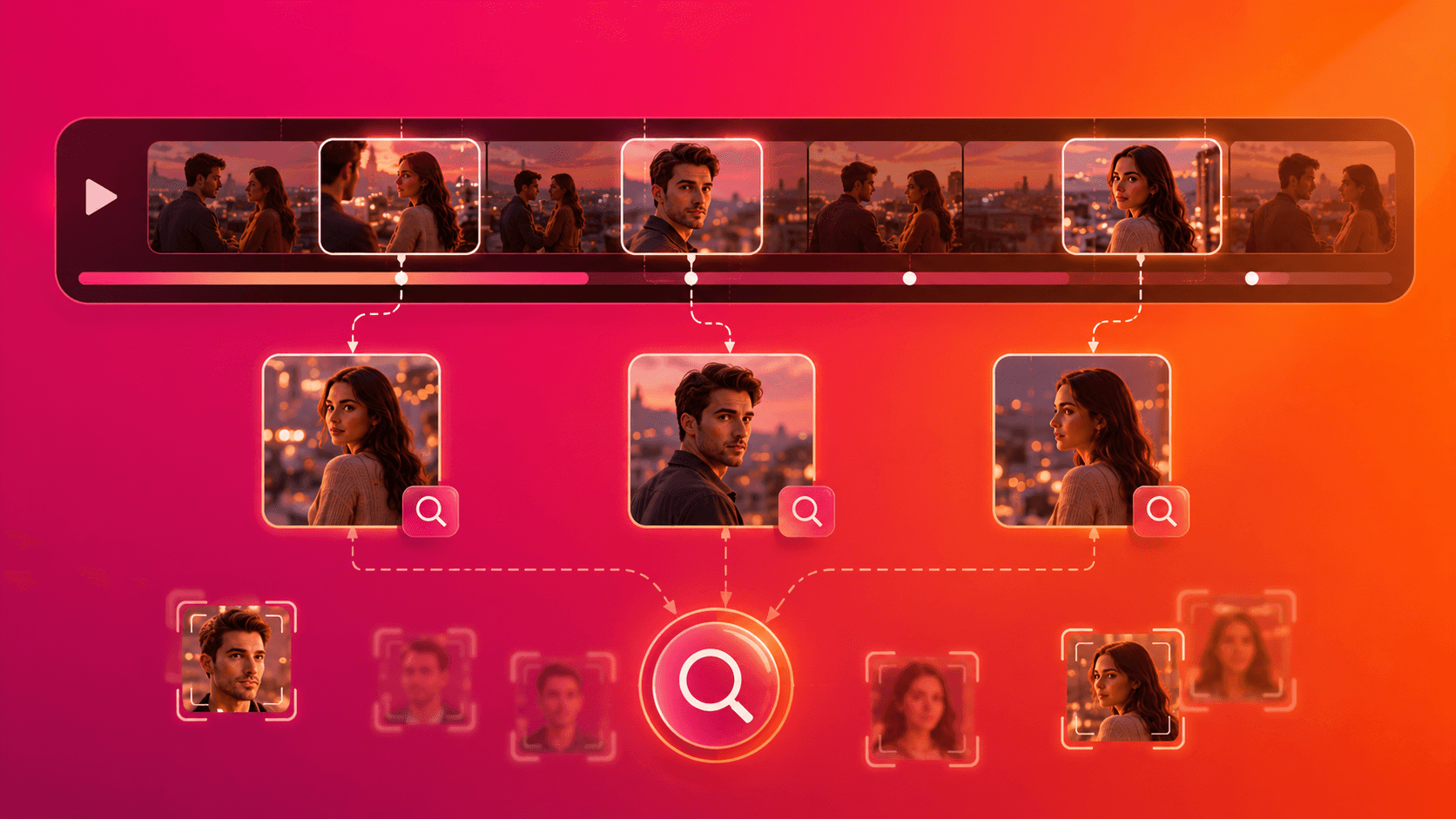 simple illustrated workflow showing video frame extraction, face search, and dating profile confirmation.