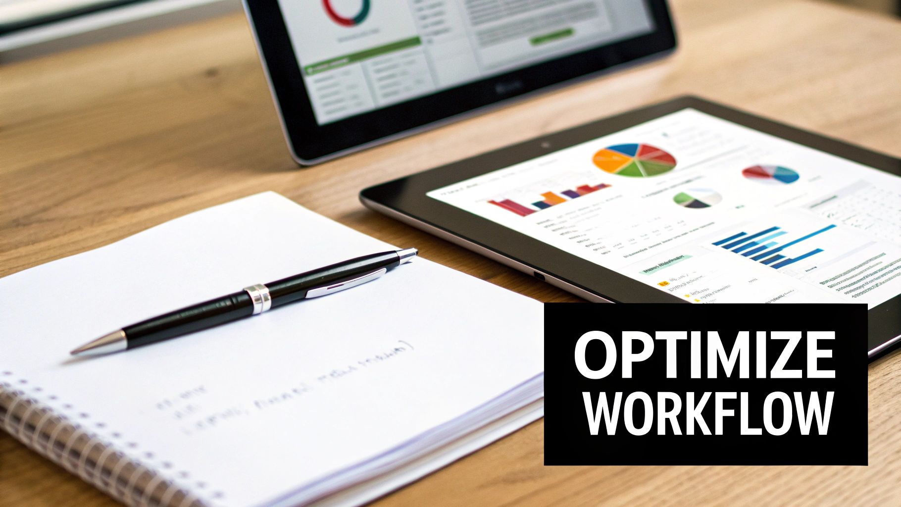 Tablets displaying business charts and graphs next to a notebook and pen, with 'OPTIMIZE WORKFLOW' text overlay.