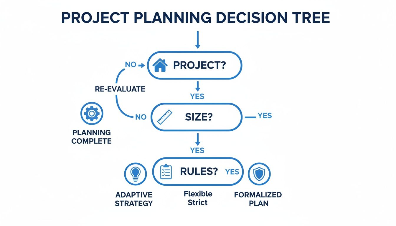 Flowchart of a project planning decision tree for strategy and plan determination.