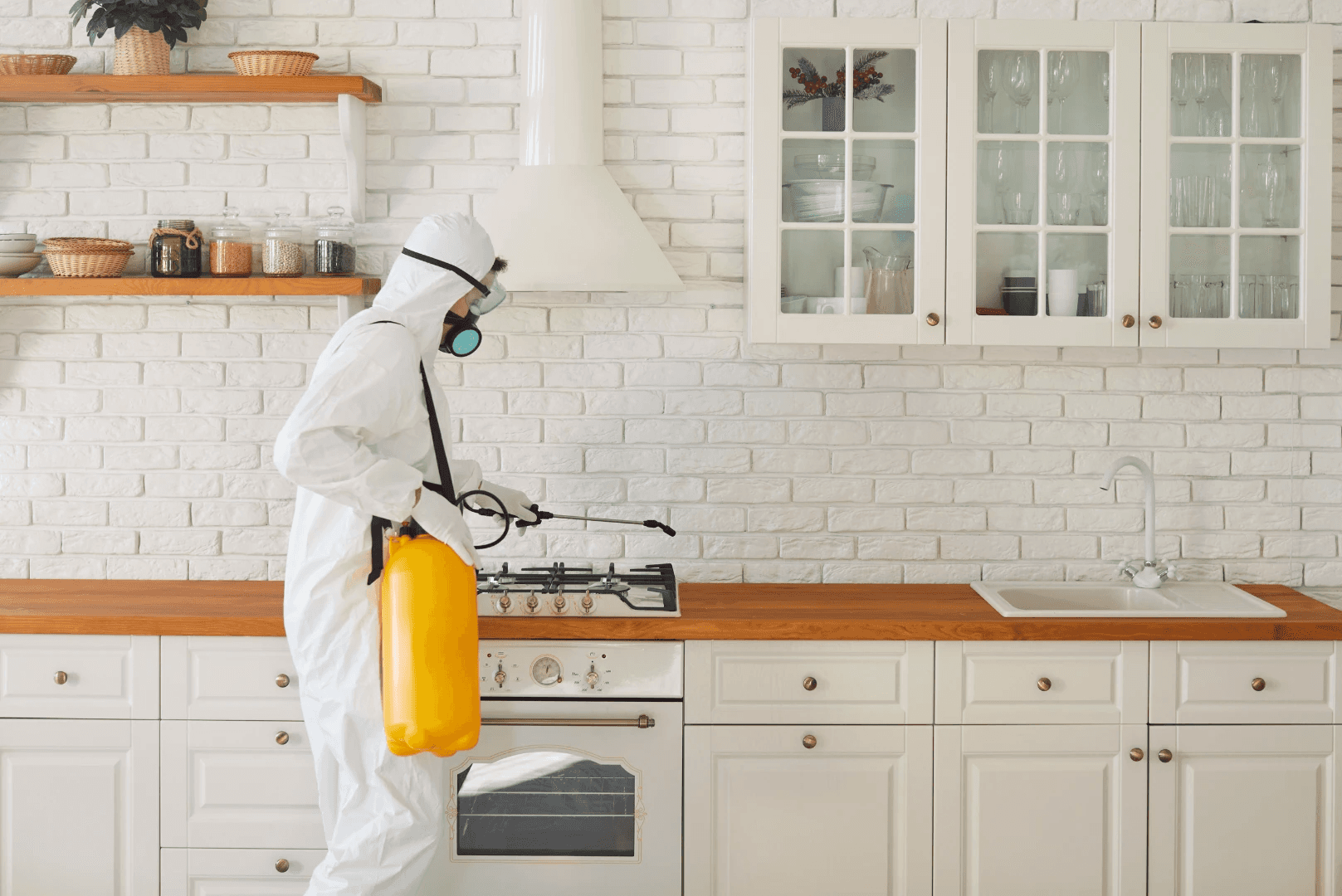 Man in suit sprays kitchen