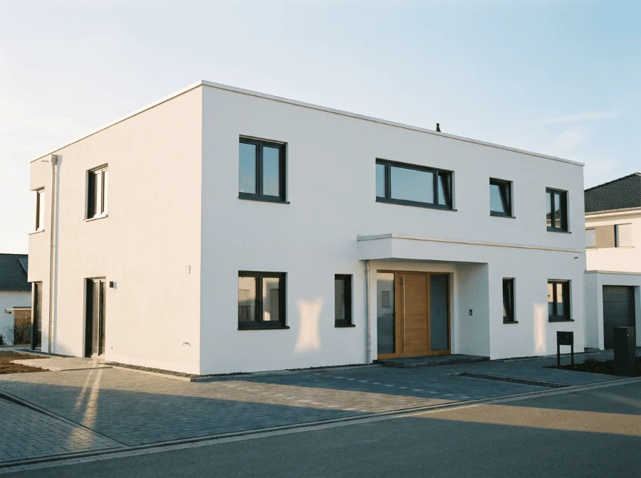 Die Außenansicht eines modernen, zweistöckigen Einfamilienhauses mit weißer Fassade, Flachdach, dunkelgrauen Fensterrahmen, einer Holz-Eingangstür und einer sauber gepflasterten Einfahrt bei klarem Himmel.