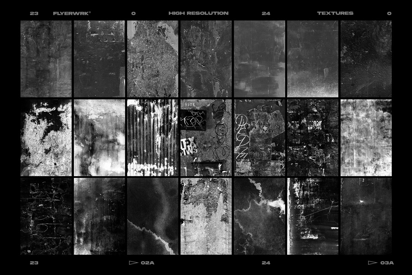 Grid of twenty four urban grunge textures featuring weathered walls and dirty industrial surfaces