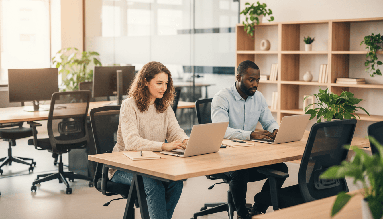 Two people are sitting together at a desk, working in the spirit of GDPR-compliant desk sharing.