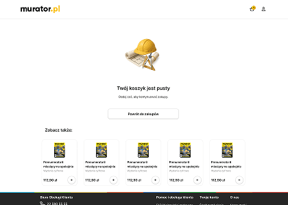 Desktop empty cart view for Murator featuring a custom illustration, a "Return to shop" call to action, and a personalized product recommendation section.
