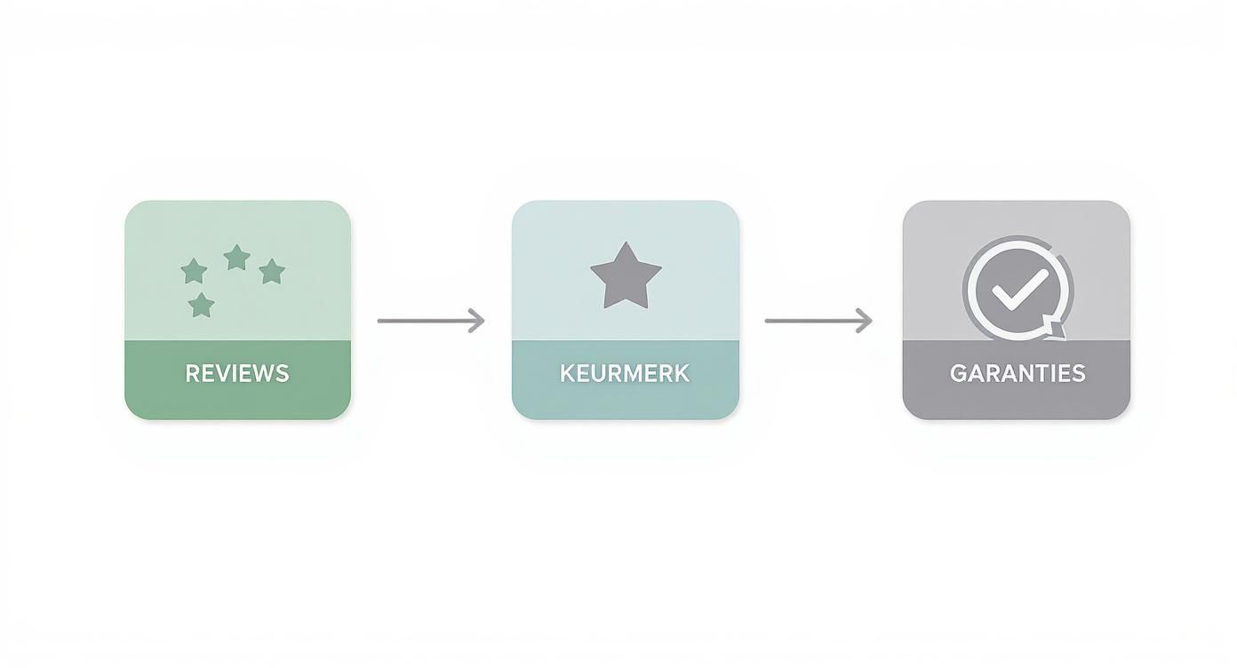 Stroomdiagram dat de relatie toont tussen reviews, keurmerken en garanties voor online bedrijven.