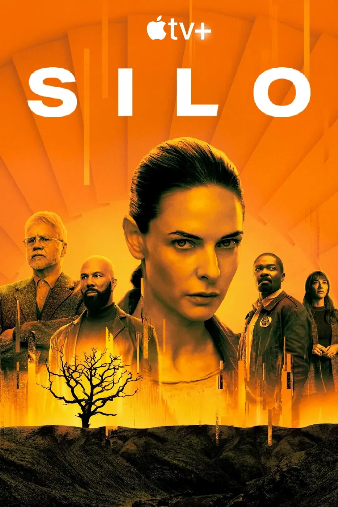 A dramatic orange-hued poster for "Silo" on Apple TV+ features an intense close-up of a woman in the centre, surrounded by four other serious-looking individuals, with a barren tree silhouette and stylized skyline at the bottom.