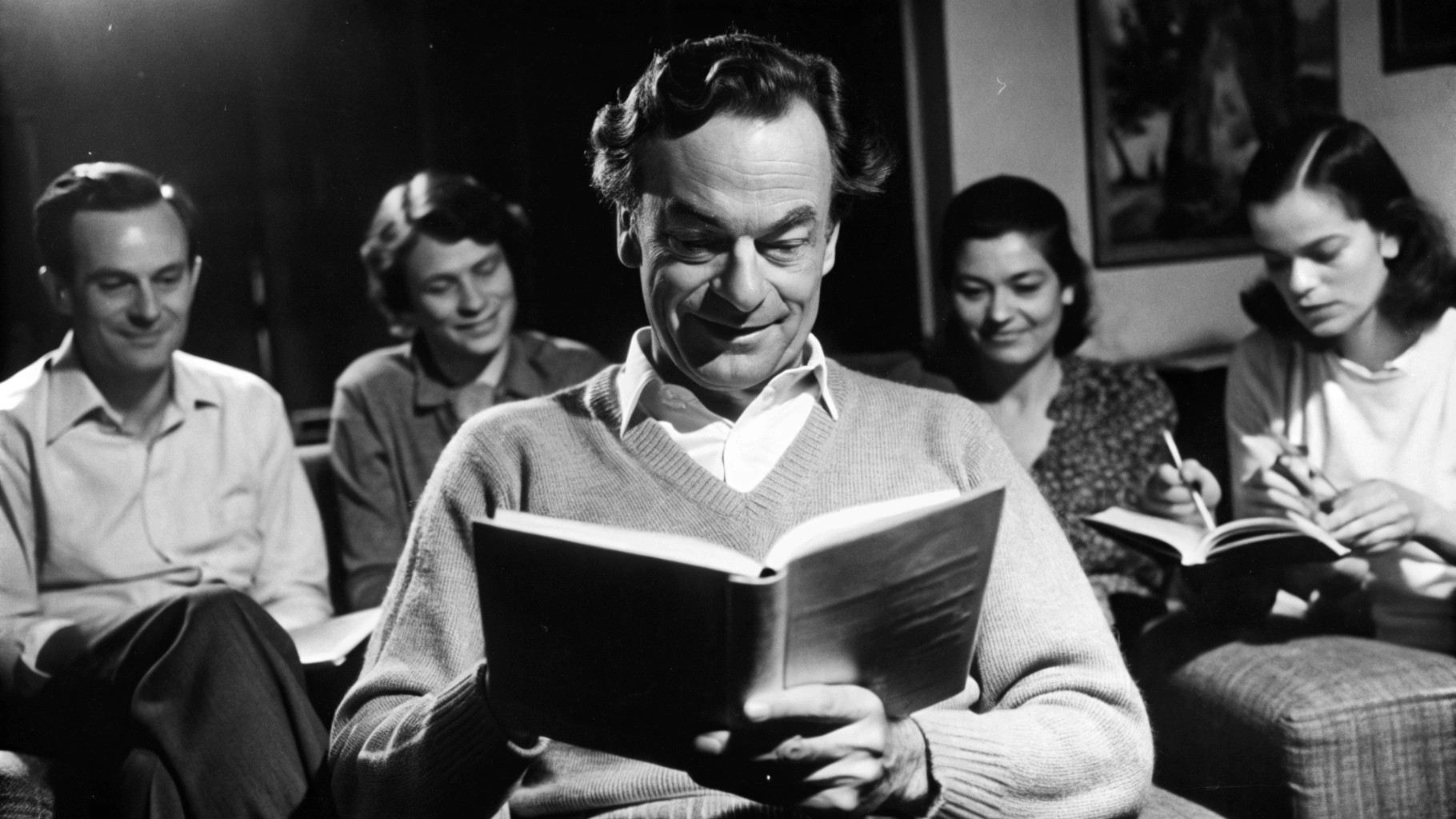 Richard Feynman in a book club is reading a book