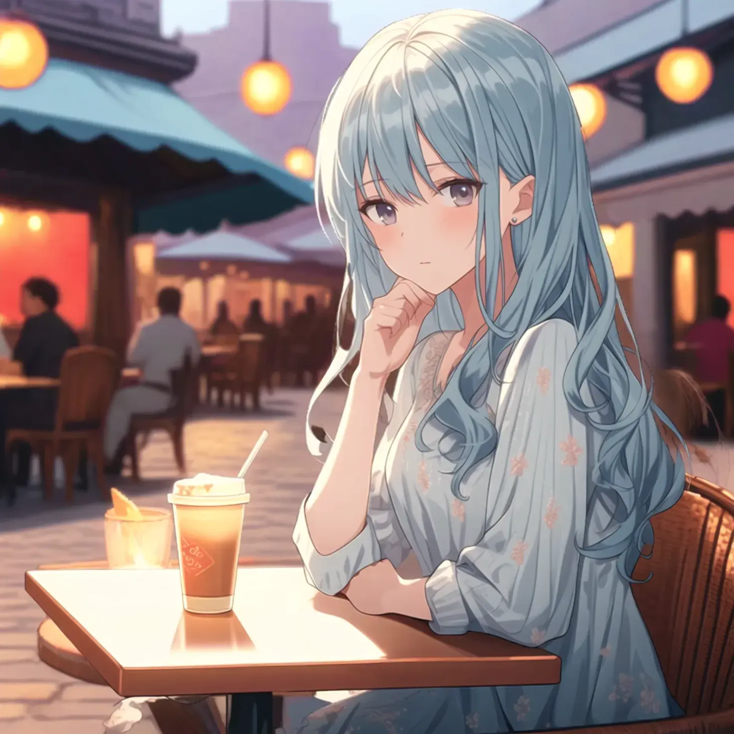 Female anime character with long silvered hair sitting outside of a coffee shop waiting for someone. Image generated by AI.