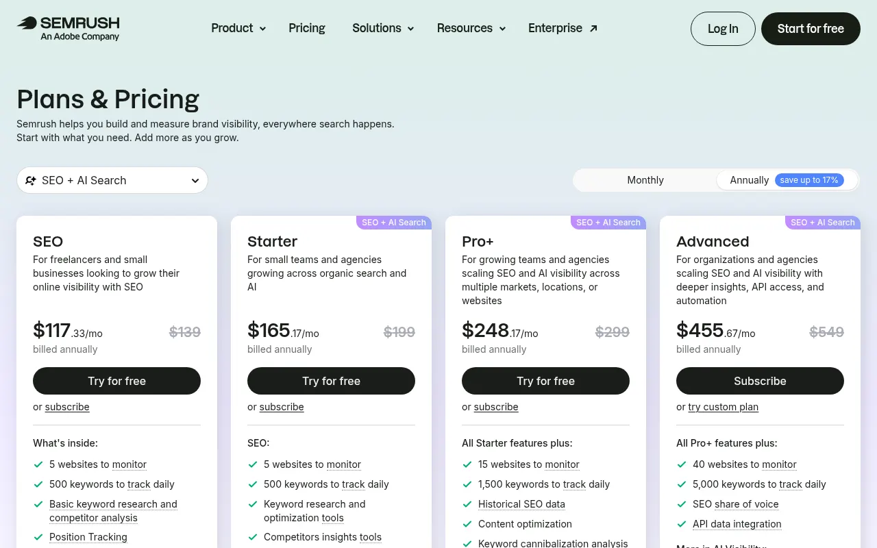 Semrush official pricing page screenshot, captured October 4, 2026