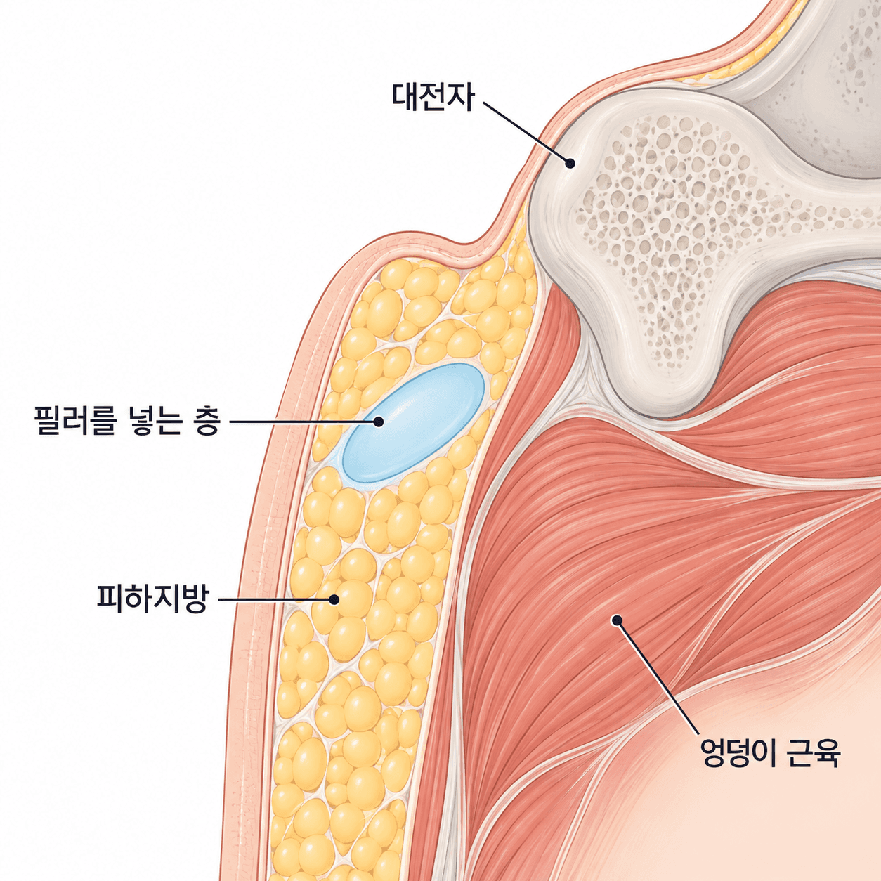 들어간 자리 아래 피하지방층에 넣어요
