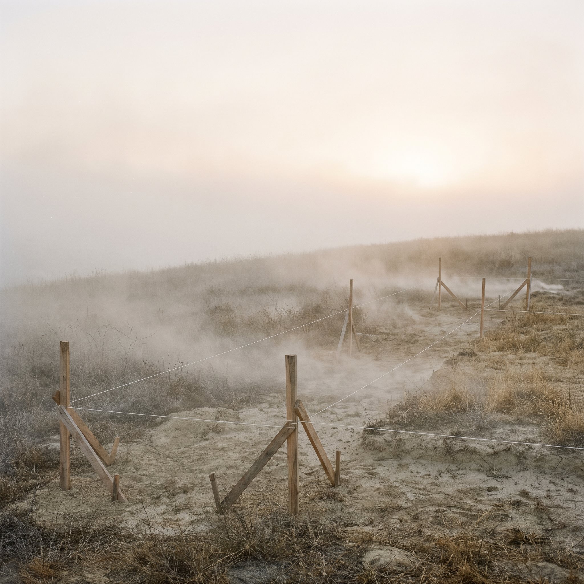 Survey stakes and string marking out a misty hillside site