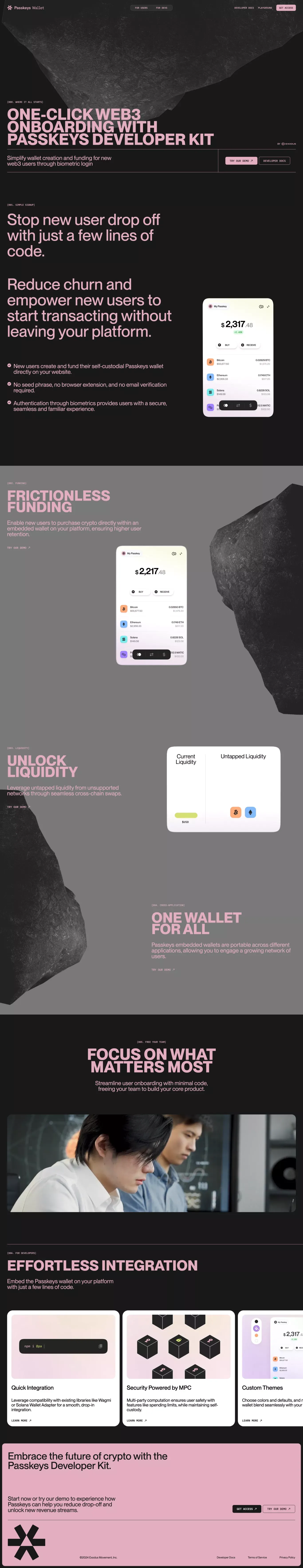 Passkeys Wallet landing page screenshot showcasing Tech and NFT / Crypto / Web3 design