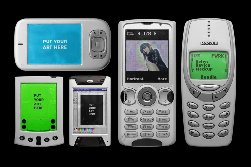 Retro mobile smart device mockup bundle showing five early 2000s handheld devices