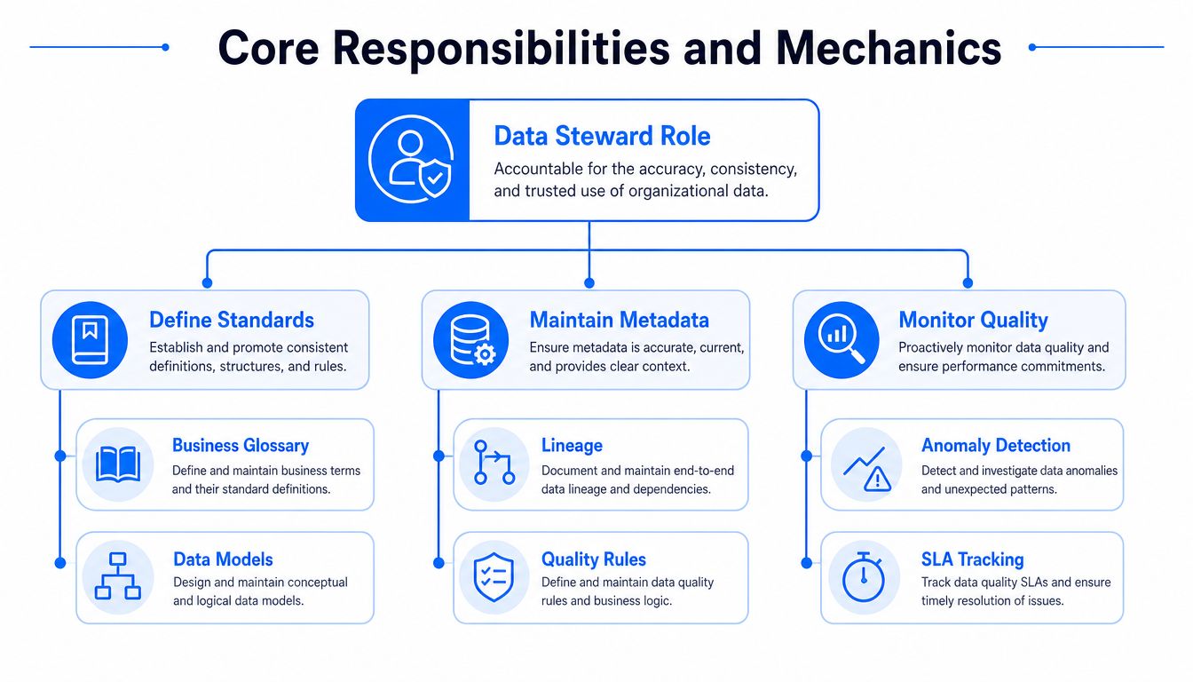 A diagram outlining the core responsibilities and mechanics of the data steward role in an organization.