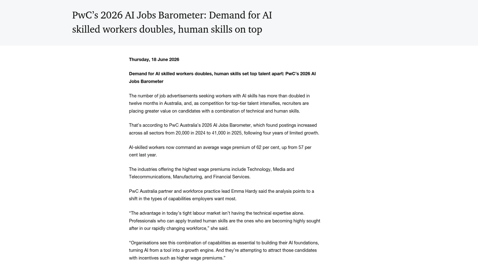 PwC Australia 2026 AI Jobs Barometer report