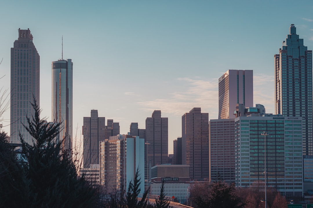 Urban skyline with tall glass and concrete towers visible above bare winter trees at dusk.