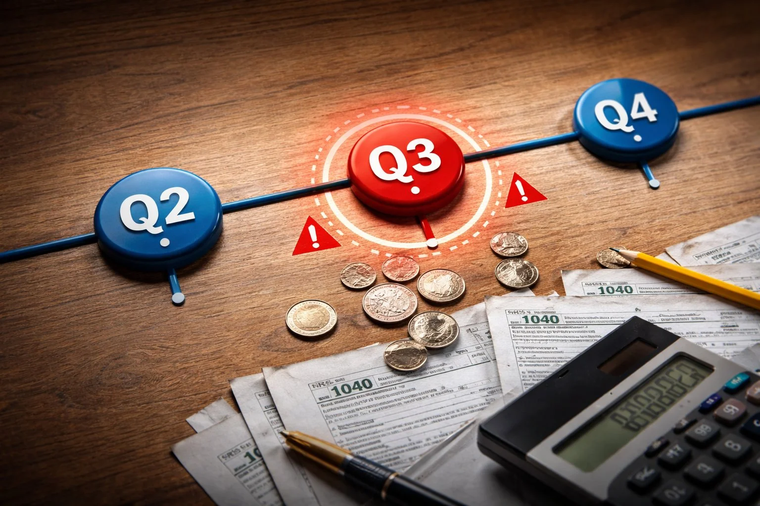 Timeline showing quarterly tax markers with one segment highlighted as missed, representing an estimated tax payment issue.