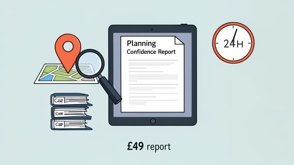 Illustration of planning confidence report service with map, magnifying glass, case studies, and 24-hour delivery.