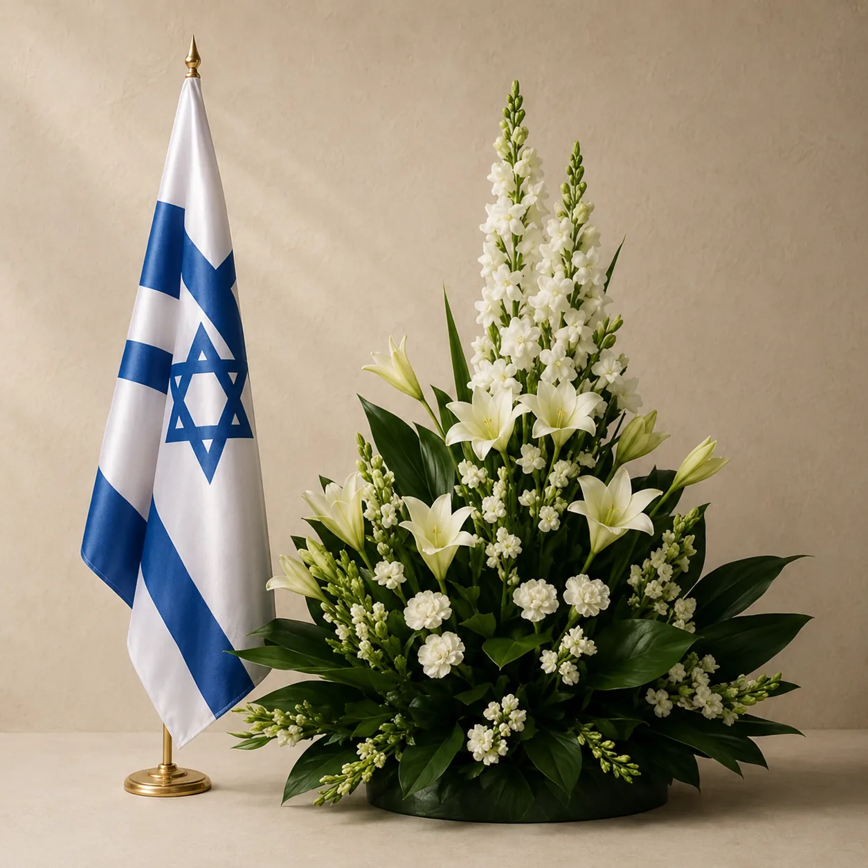 סידור פרחים לבן במבנה צריח עם ליליום ותפרחות צפופות, מוצב לצד דגל ישראל