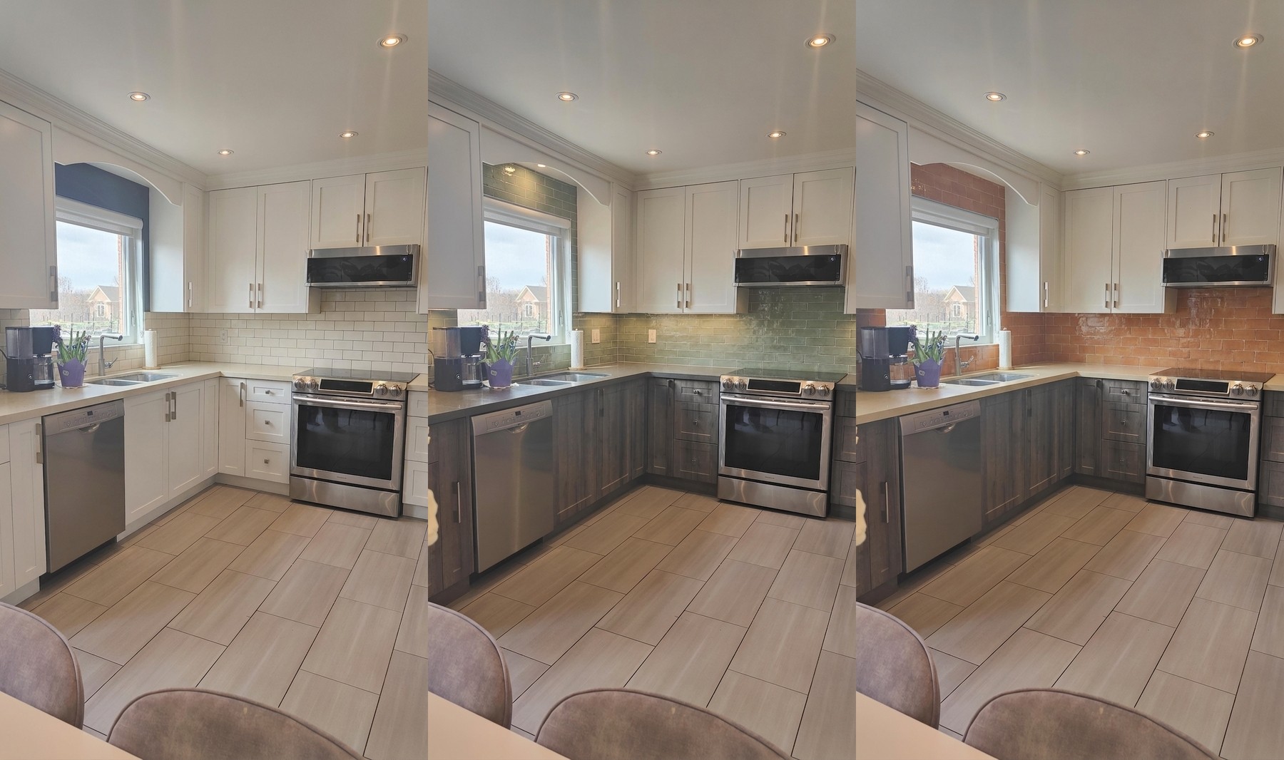 Three directions on the same inherited kitchen: Direction A all white, Direction B sage green backsplash, Direction C terracotta