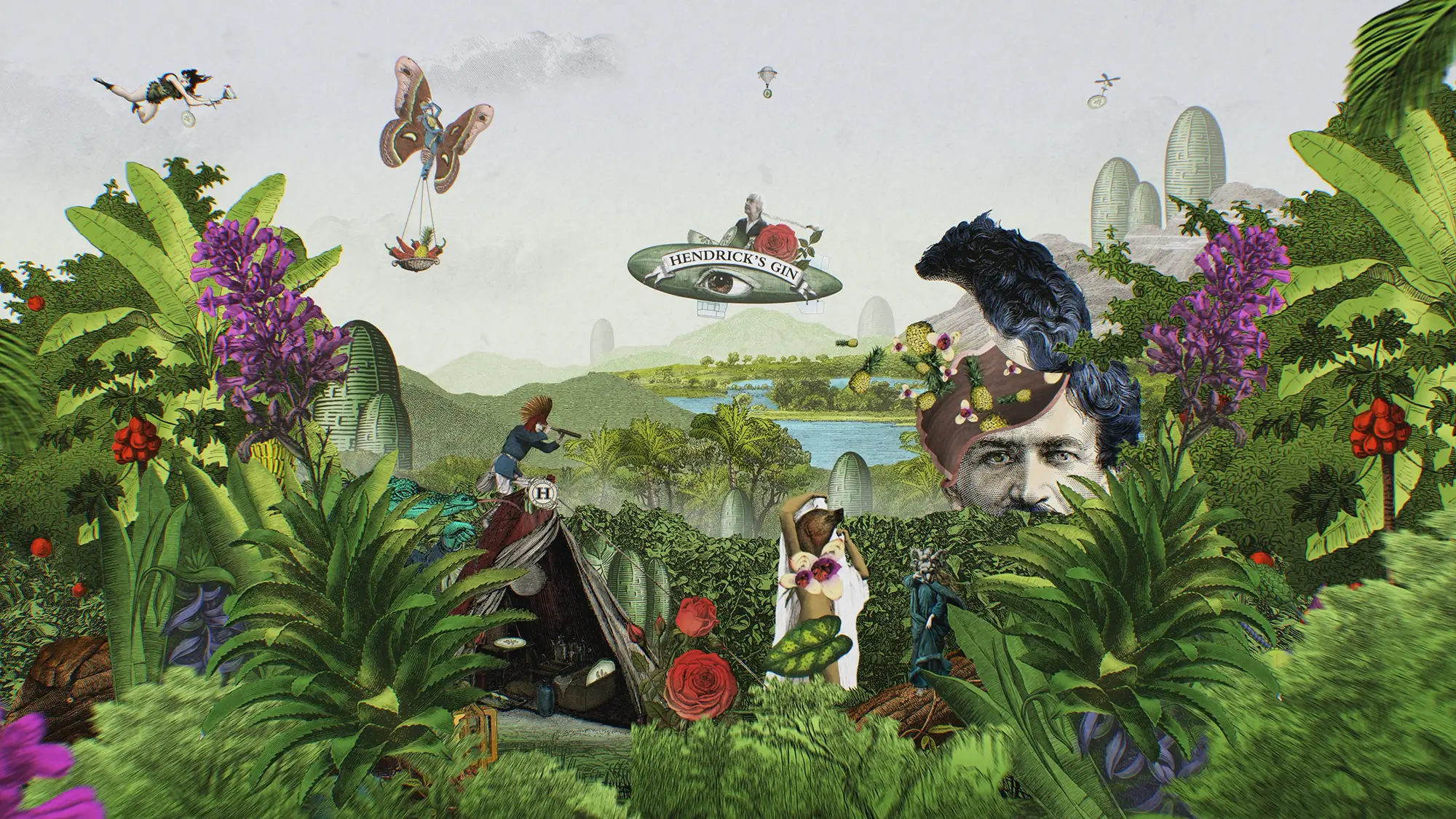 Surreal jungle scene with a Hendrick's Gin blimp flying above