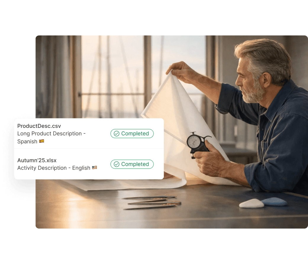 A neatly organized clothing rack features a variety of monochrome shirts in neutral tones, displayed beside a digital task reminder showing completion status for CSV and Excel files related to product descriptions in French and English.