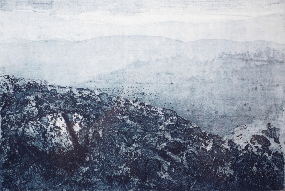 etching and aquatint of a mouintain scene