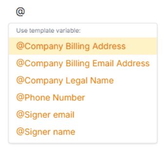 Screenshot of a dropdown menu in the ROGER app, showing how to create template variables for contracts.