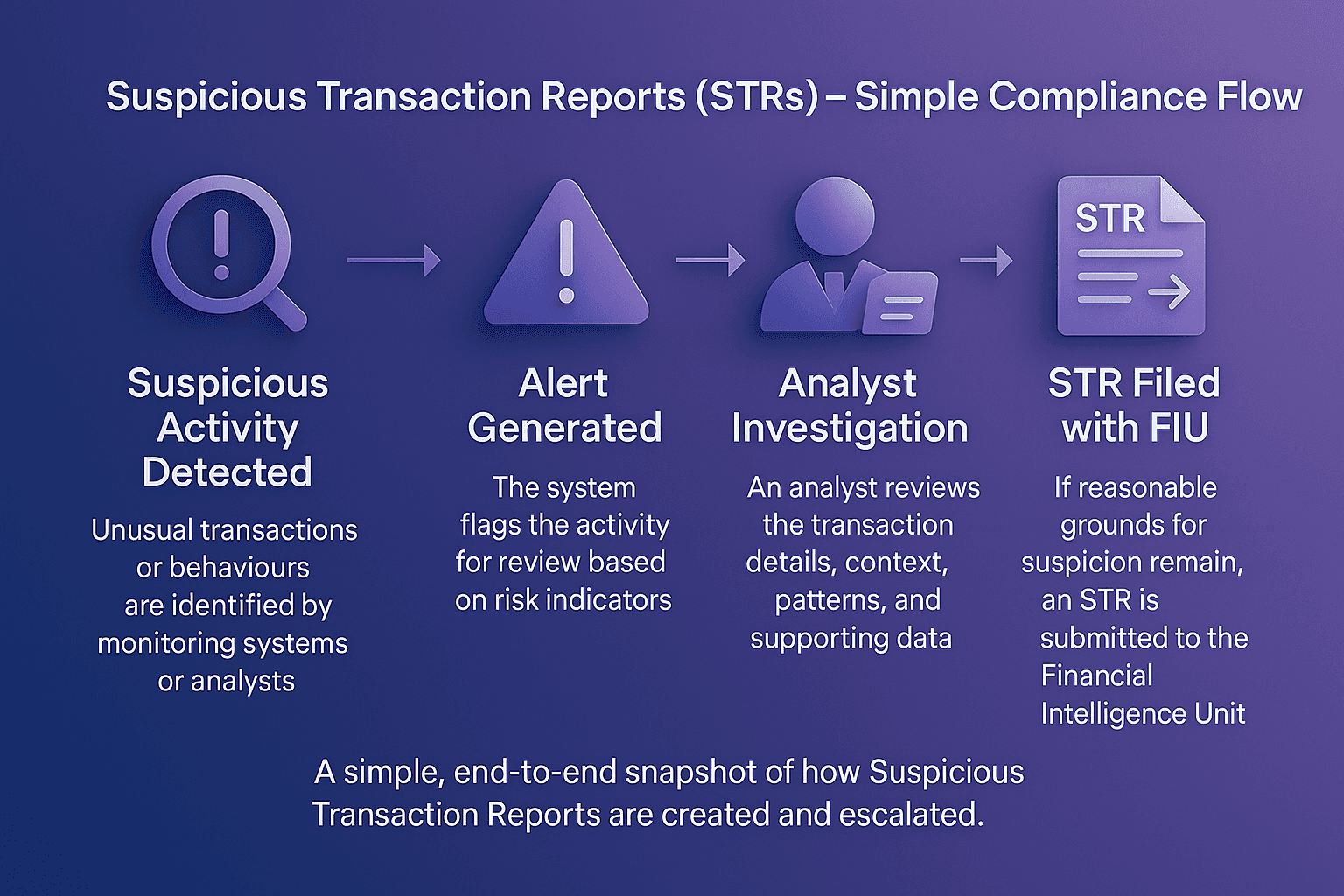 Suspicious Transaction Reports (STRs) compliance flow diagram showing how suspicious activity is detected, alerts are generated, analysts investigate transactions, and STRs are filed with the Financial Intelligence Unit.
