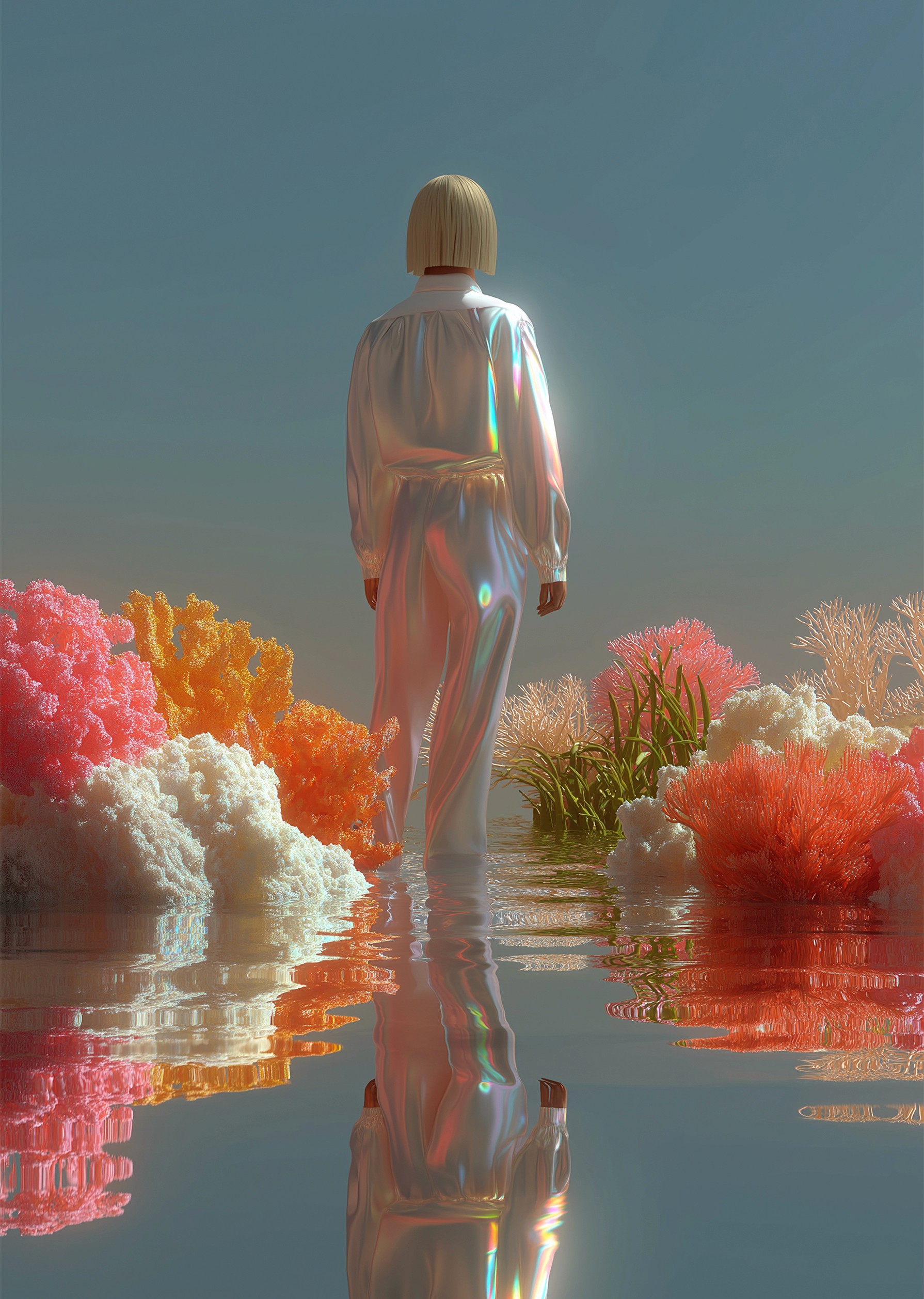 Editorial visual – person with long curly hair seen from behind, wearing an iridescent blazer, seated on a rock amid pastel coral formations under a clear sky.