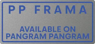 Blue typographic label reading “PP Frama – Available on Pangram Pangram”, inspired by industrial signage.