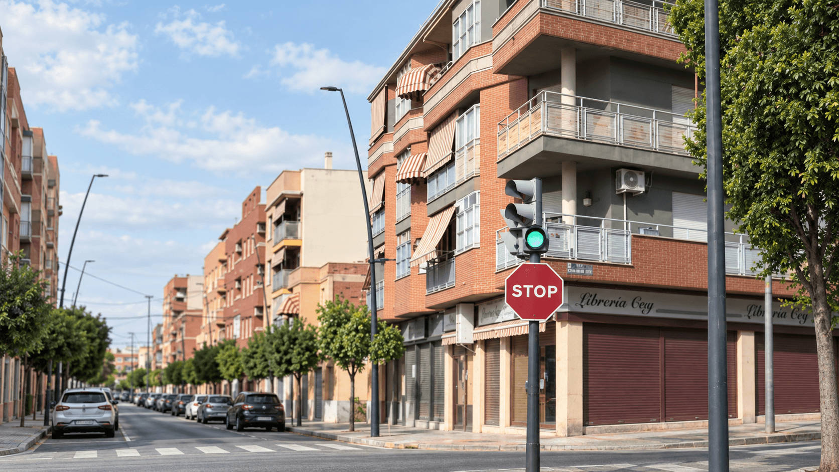 Edificios residenciales y viviendas en una calle de la Región de Murcia