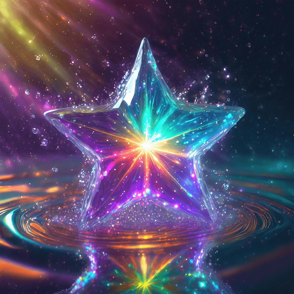 A translucent star under the influence of light splashing in a liquid; hyper-detailed, realistic