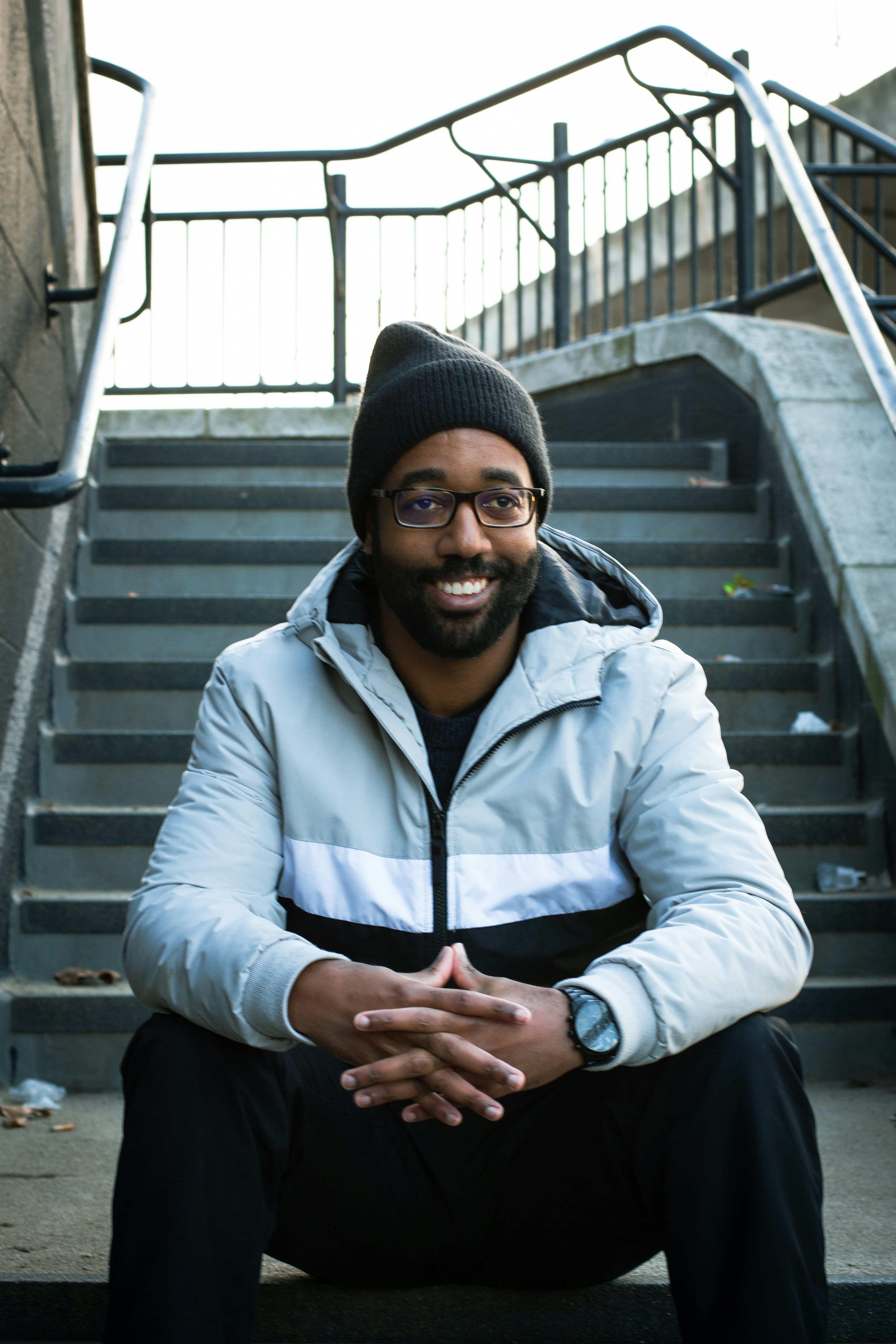 a person sitting on stairs
