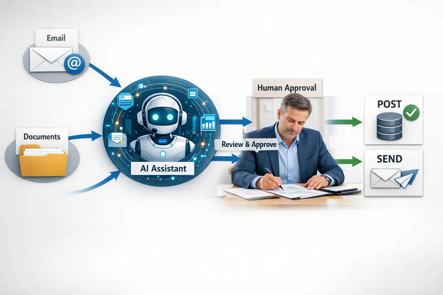 A finance team workflow illustration showing an AI assistant connected to email, accounting software, and a document folder, with a human approval checkpoint before posting or sending messages.