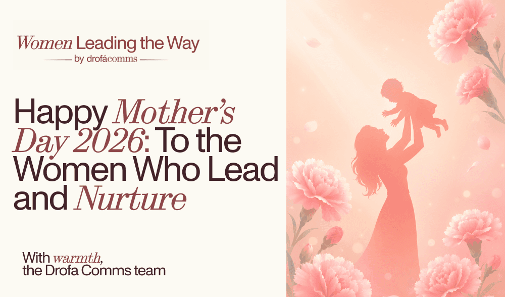 Women Leading the Way Mother's Day 2026 greeting card with a mother lifting her baby, surrounded by pink carnations.