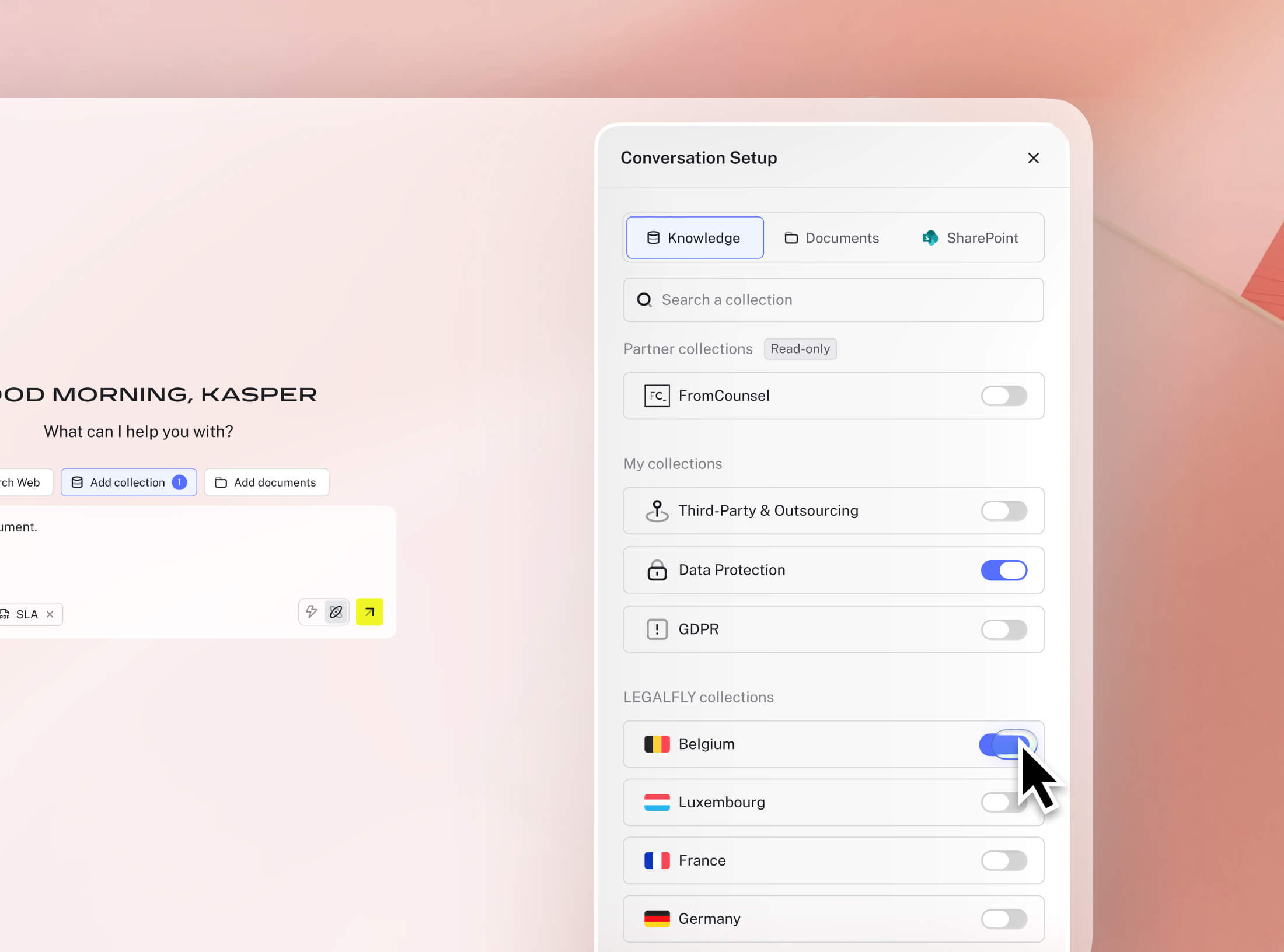 LEGALFLY configuring discovery by selecting knowledge sources and jurisdiction-specific collections
