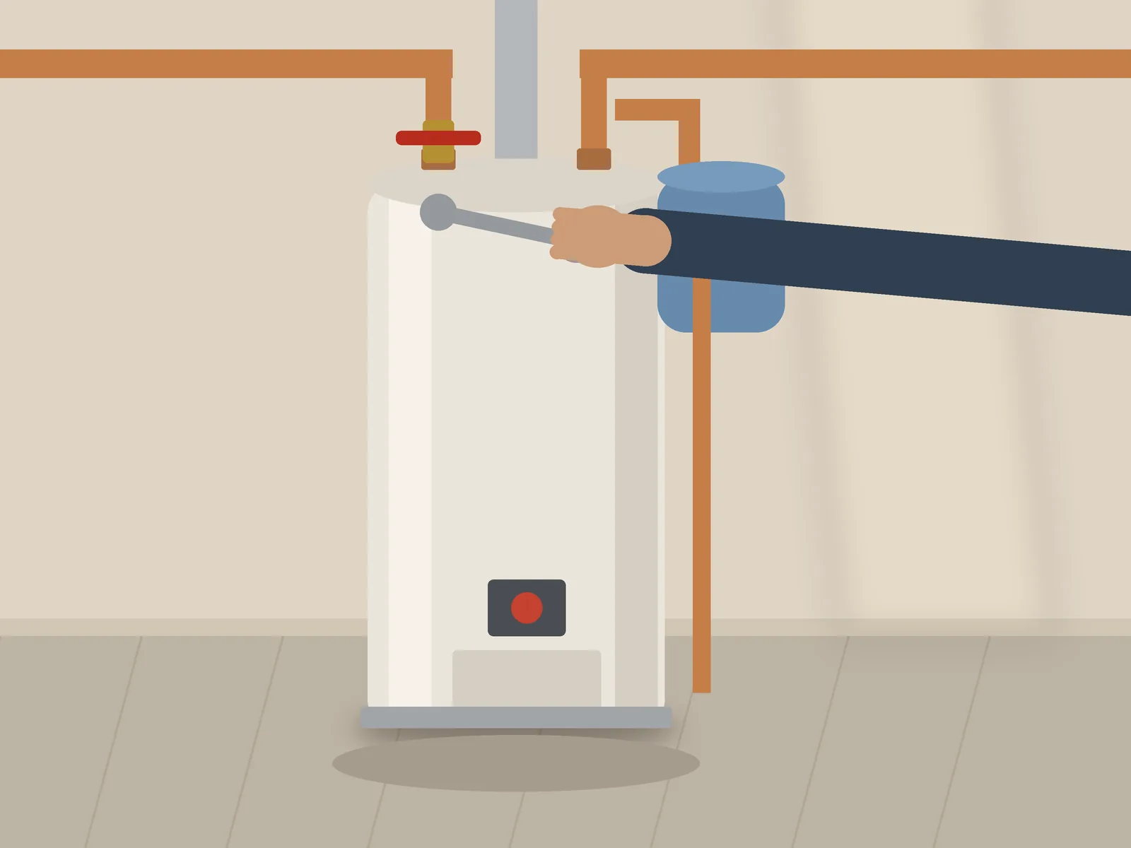Technician tightening a copper pipe fitting on a water heater in a utility room