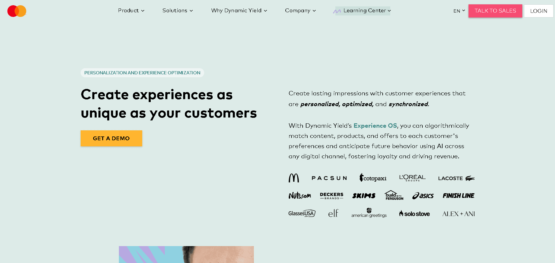 Dynamic Yield experience optimization platform showcasing personalized customer experiences, AI-powered recommendations, audience segmentation, and multivariate testing.