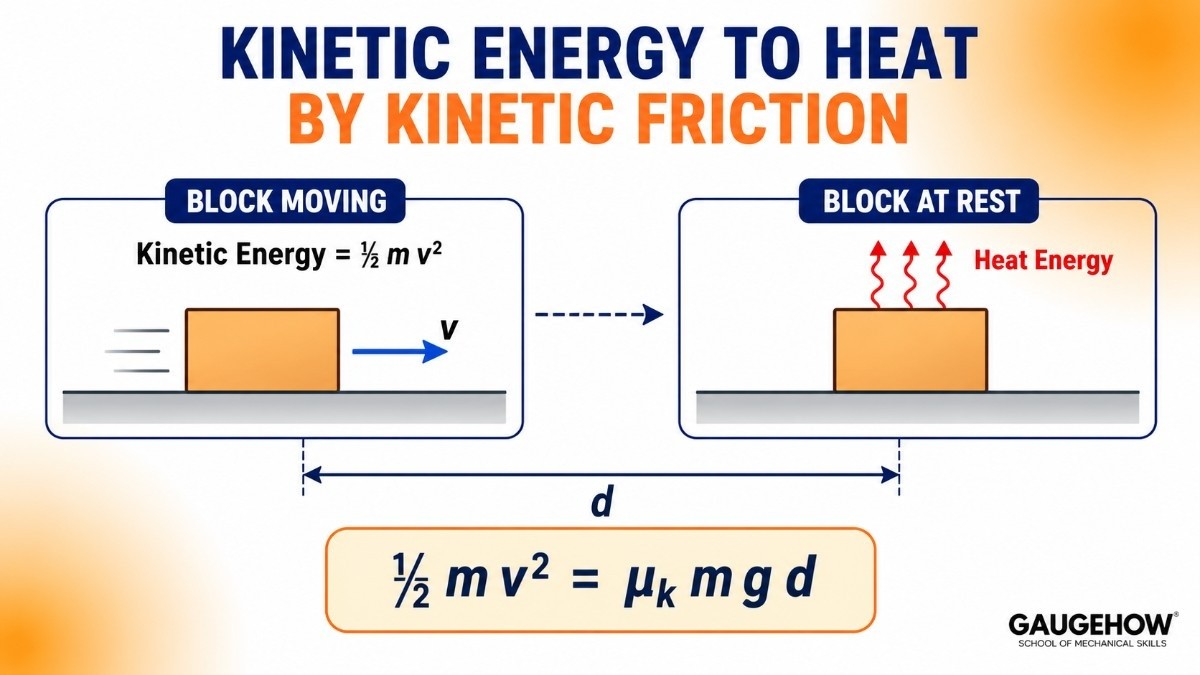 Diagram showing kinetic energy of a sliding block converting into heat through kinetic friction over a sliding distance