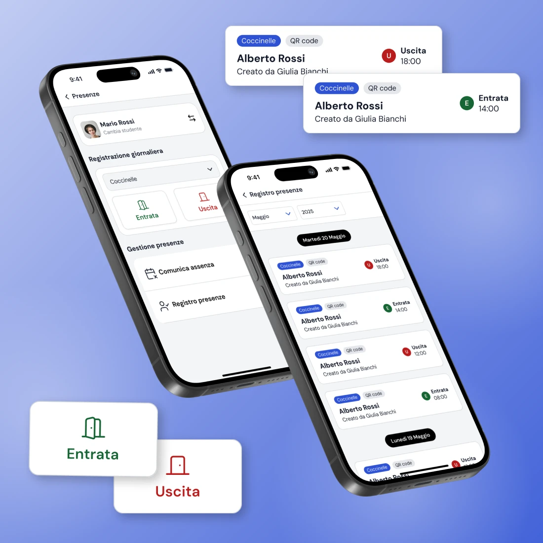 Mockup delle interfacce della sezione 'Registro presenze'