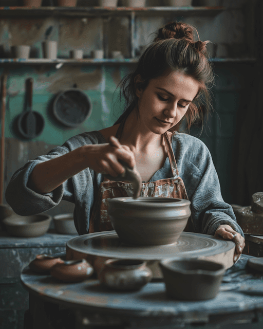 Young woman crafting pottery at a wheel in a cozy workshop, surrounded by clay tools and finished pieces.