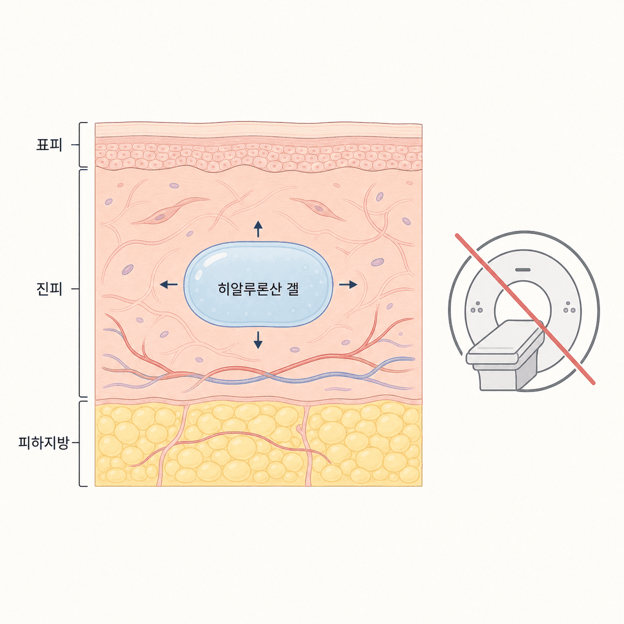 진피층 안의 히알루론산 겔 — 금속 성분 없어 MRI 자기장에 반응하지 않아요