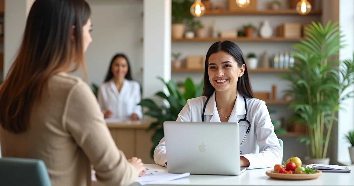 Nutricionista atendendo paciente, recepcionista ao fundo, consultório moderno 
