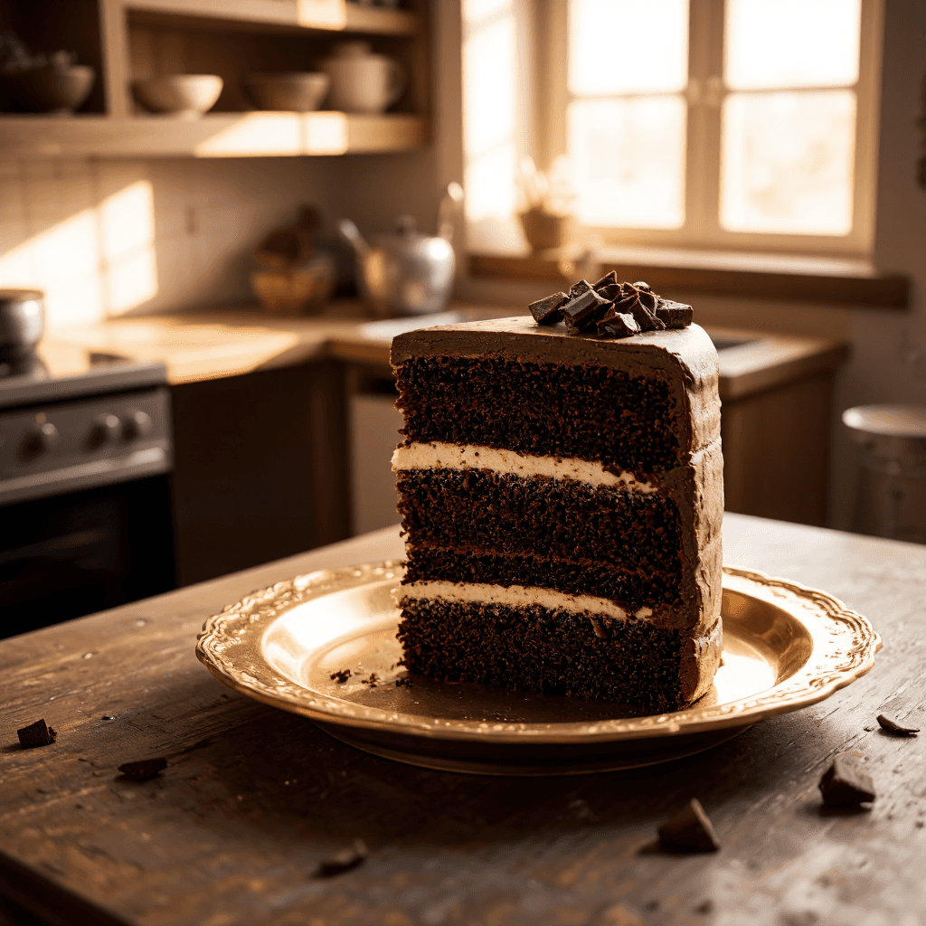 product photography of a slice of chocolate cake