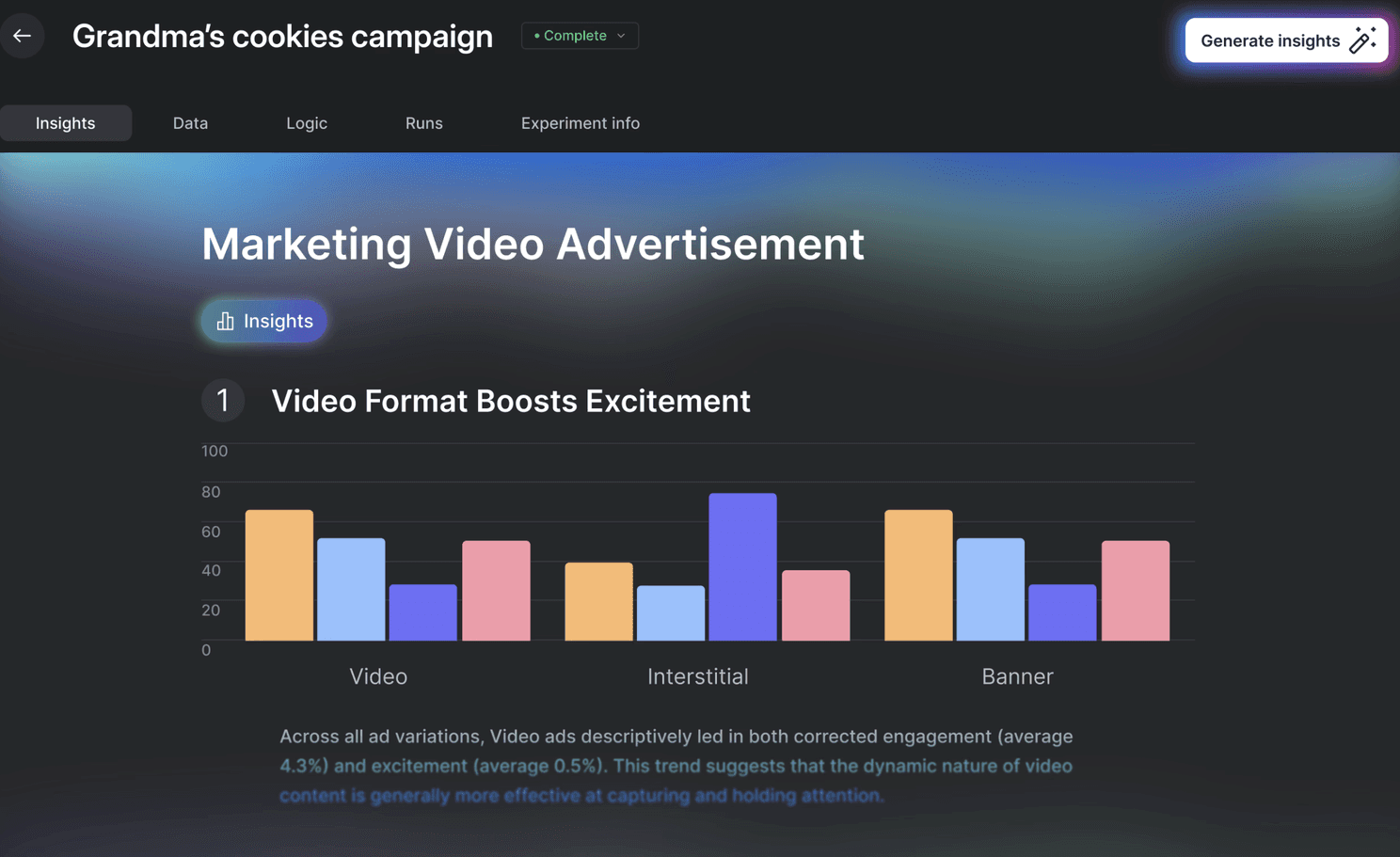 A results screen inside the Emotiv Studio platform that breaks down qualitative insights across video, interstitial, and banner creative for "Grandma's cookie campaign."