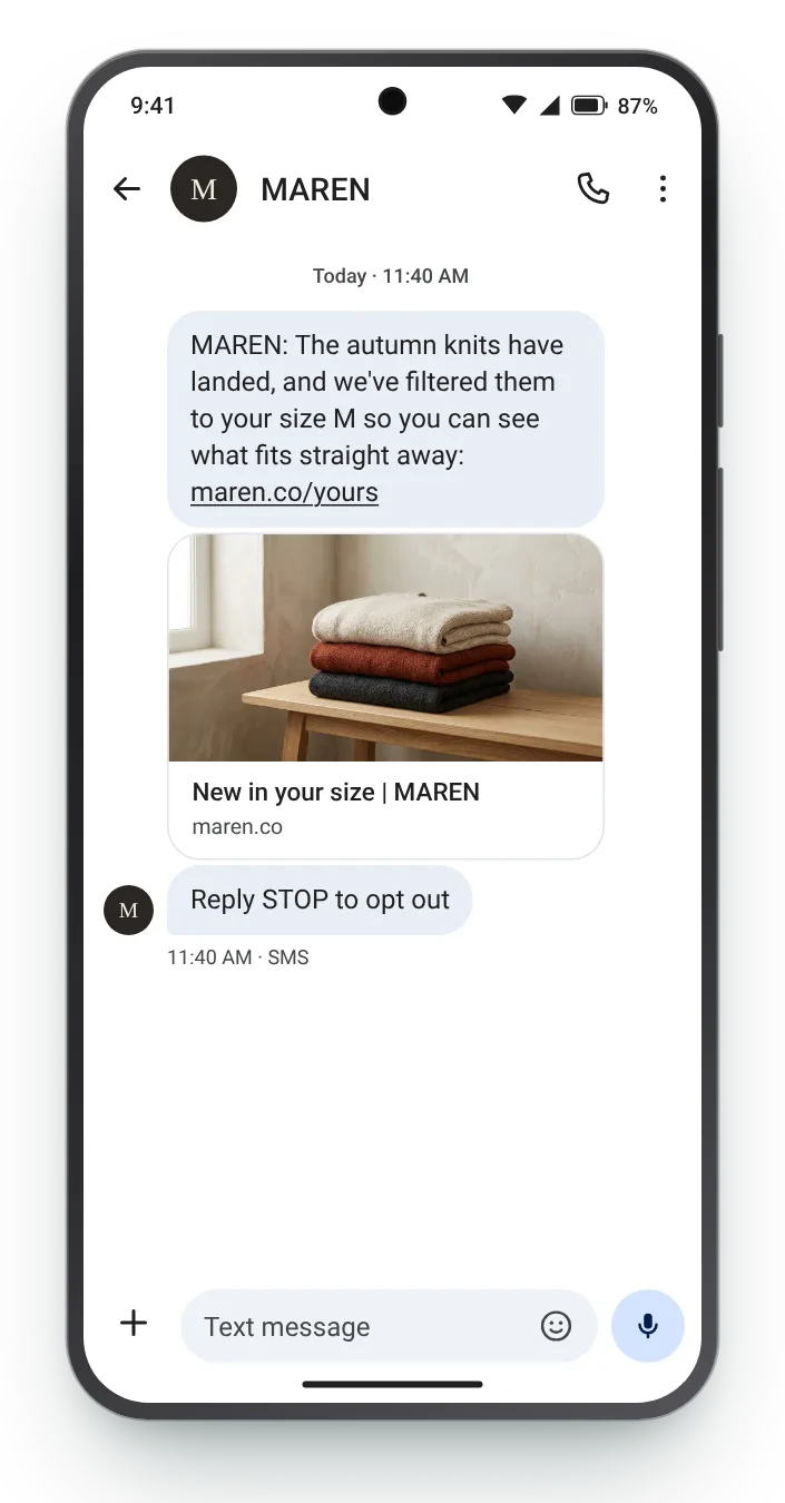 New season, already in their size SMS win-back text on an Android phone