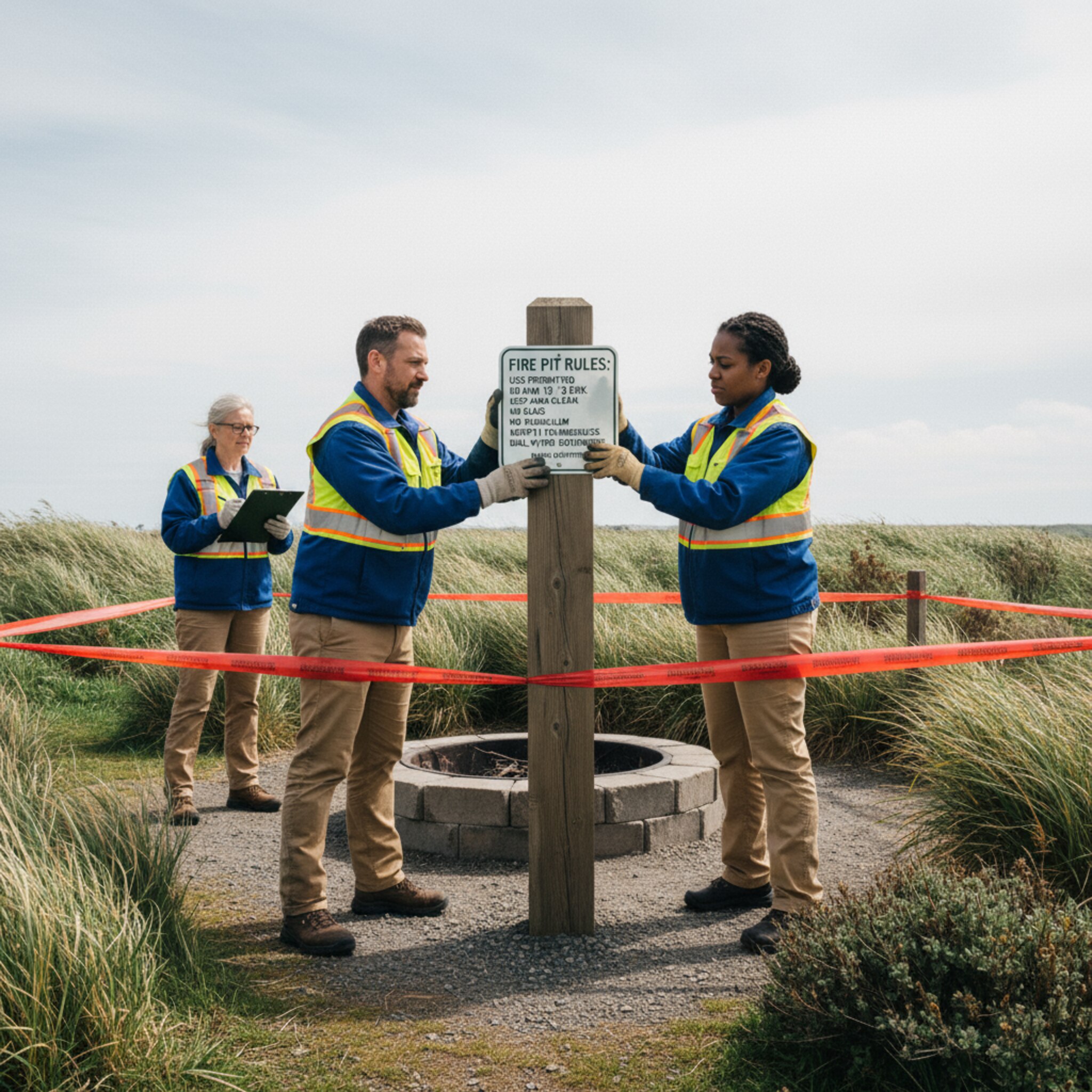 Ein Team des Bauhofs befestigt ein klares Hinweisschild an einem Pfosten neben einer Feuerstelle, während starker Wind Gräser bewegt. Ein rotes Band markiert die temporäre Sperre. Wolken ziehen schnell, die Szene wirkt entschlossen, geordnet und sicherheitsbewusst.