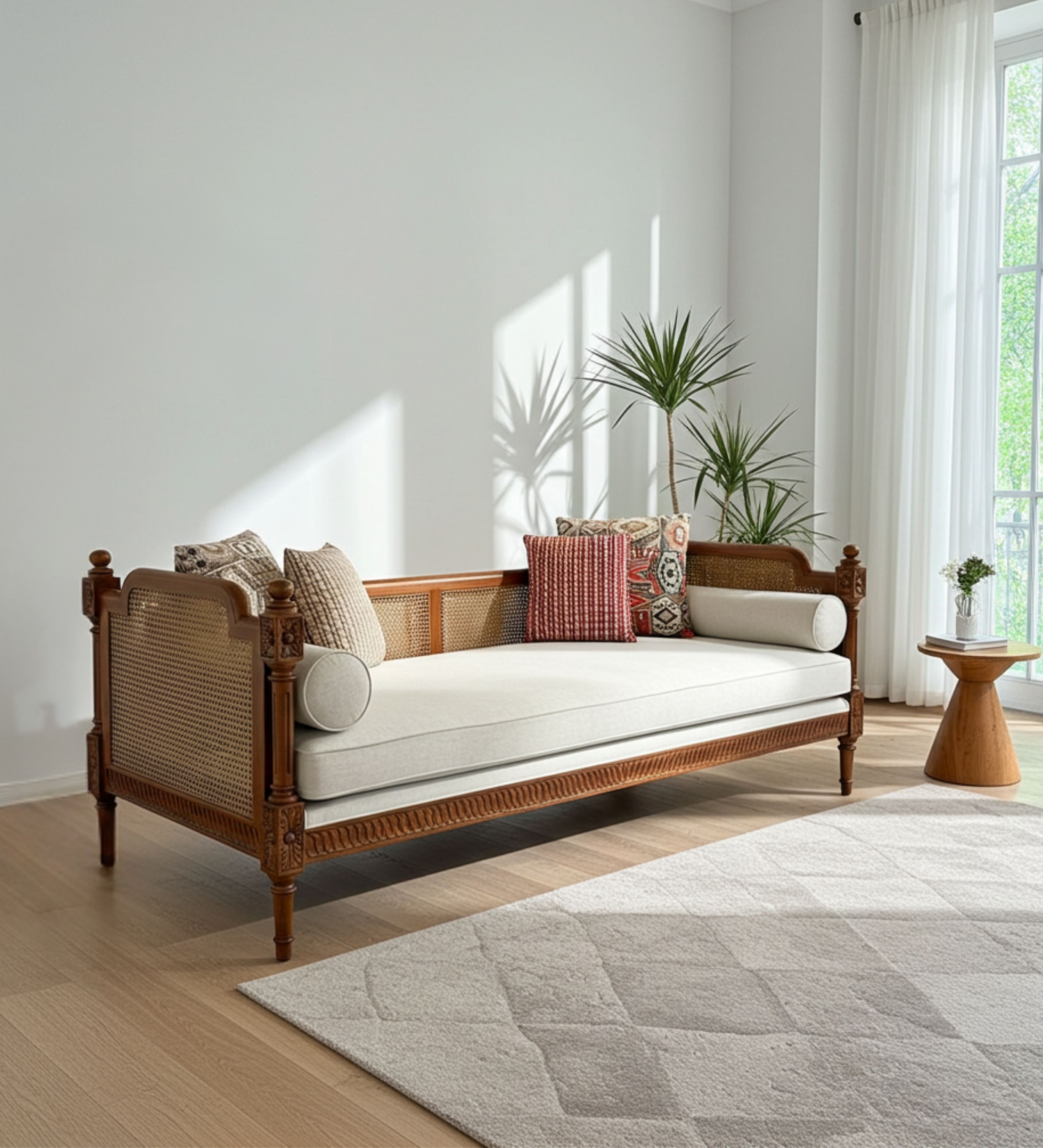 Three‑seater wooden daybed with cane backrest, upholstered seat, and patterned cushions
