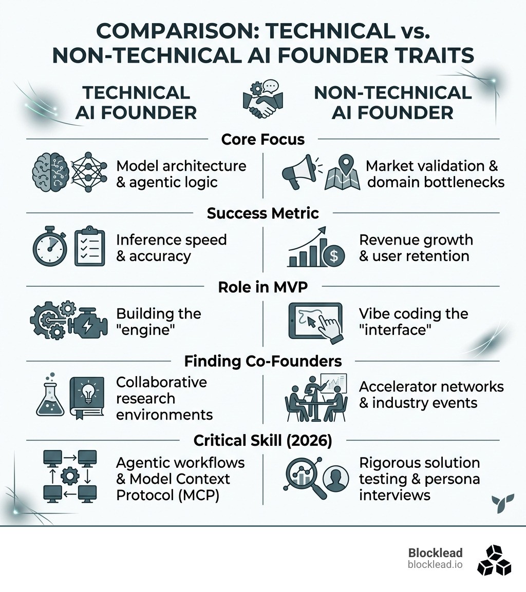 Comparison of Technical vs. Non-Technical AI Founder Traits - co-founding ai companies infographic 